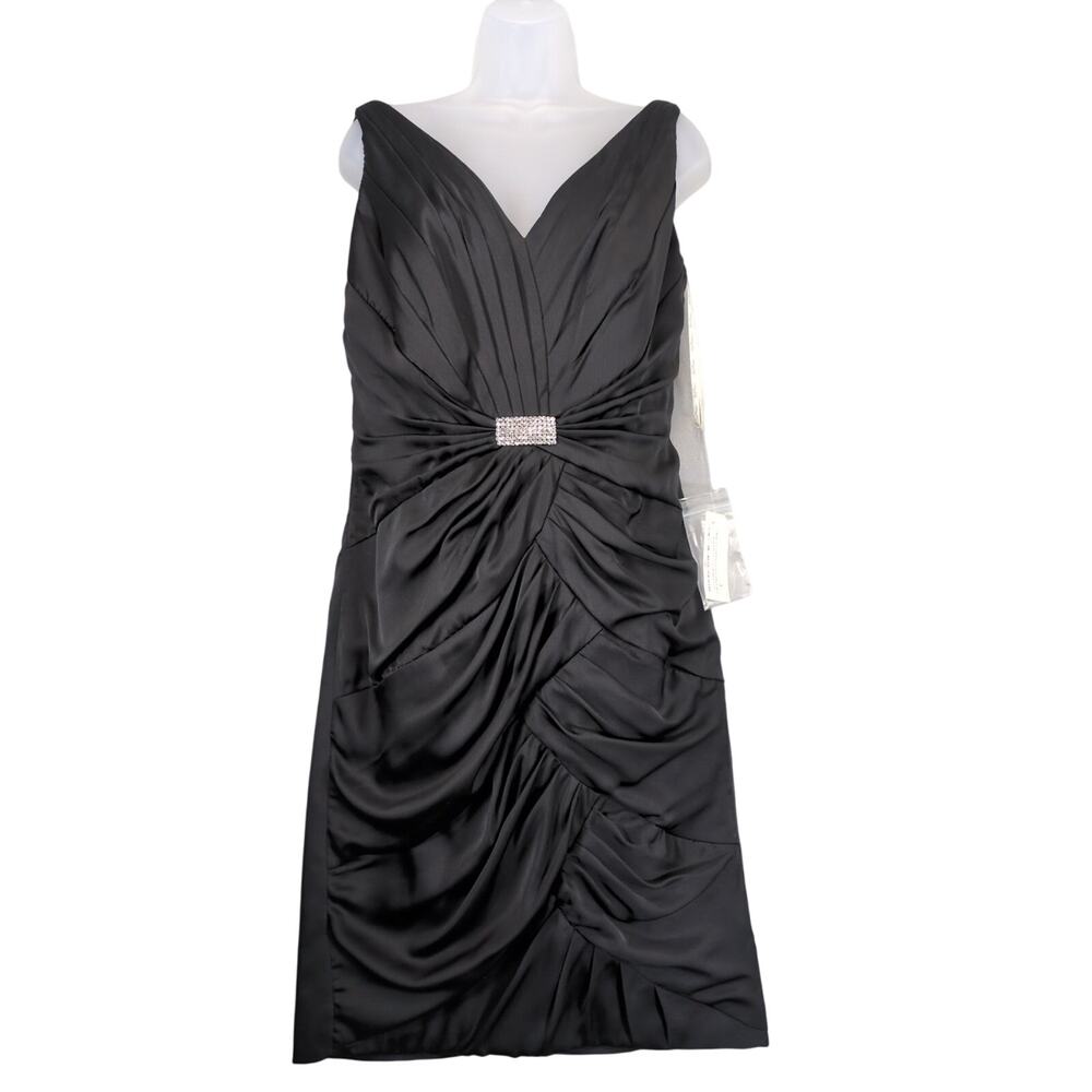 Vtg Jade Couture Black Satin Cocktail Dress, Sz 12 Plunge V-Neck Rhinestone Glam